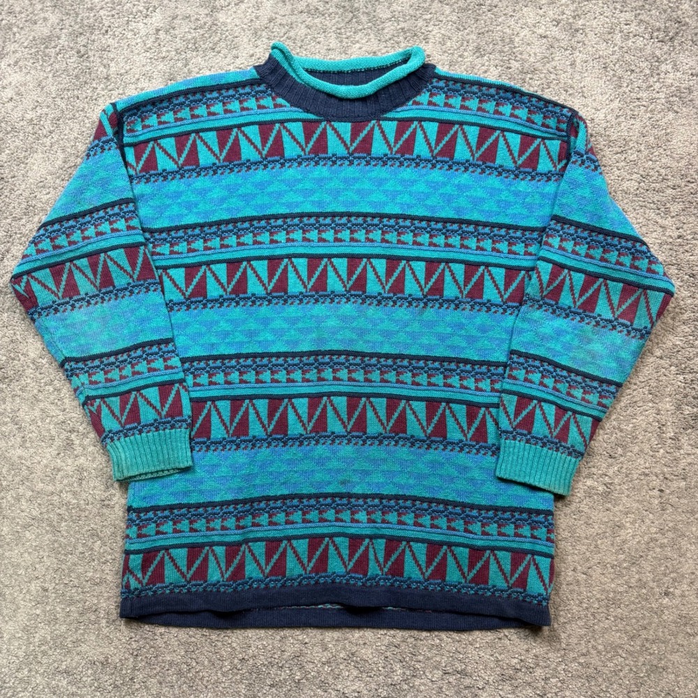 Segrets Sun Prints Vintage Geometric Knit Sweater Teal Size M 90s Tribal